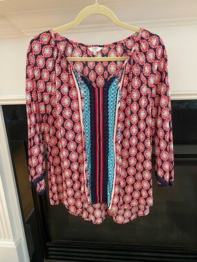 Crown & Ivy Red & Navy Printed Peasant Blouse